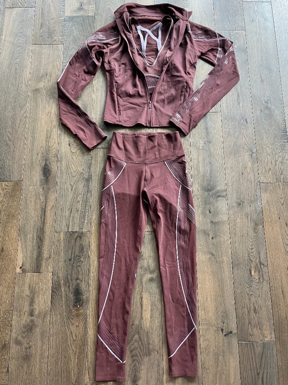 VSX Elevate Contours 3 Piece Set Burgundy Brown Jacket Leggings Sport Bra Size S - Picture 3 of 11